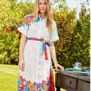 Tucker Sarah Shirt Dress Grecian Garden Cream Floral Belted Lined XS XSmall NEW